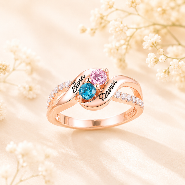 Personalized Double Birthstones Ring with Custom Engravings - Sterling Silver, 18k Gold Plated, or Rose Gold Plated