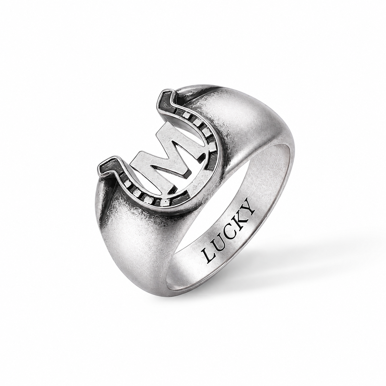 Custom M initial horseshoe ring with LUCKY engraving on a clean white background