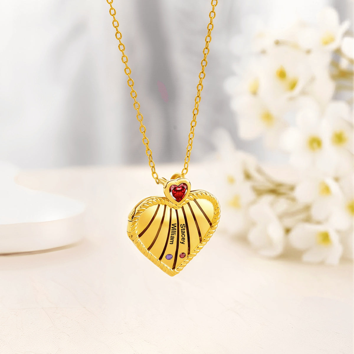 Gold personalized family name and birthstone heart locket necklace