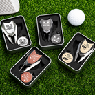 Personalized golf divot repair tool sets in silver black brown and yellow designs