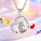 Silver crowned unicorn heart necklace with custom name and colorful crystal details