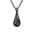 Glossy black teardrop pendant on a chain against a white background