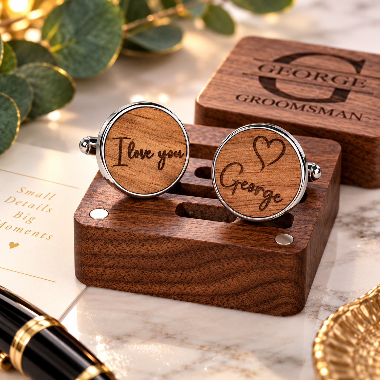 Personalized love message cufflinks with engraved George walnut keepsake box