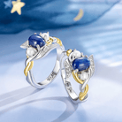 Exquisite Blue Star Sapphire and Pearl Ring with Sterling Silver and 18K Gold Plating, featuring a unique Starry Mountains Night Court design, perfect bookish gift.