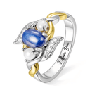 Exquisite Blue Star Sapphire and Pearl Ring with Sterling Silver and 18K Gold Plating, featuring an "I Love You" engraving, unique custom-designed jewelry.