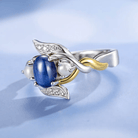 Close-up of Exquisite Blue Star Sapphire and Pearl Ring with Sterling Silver and 18K Gold Plating, featuring intricate design details and custom craftsmanship.