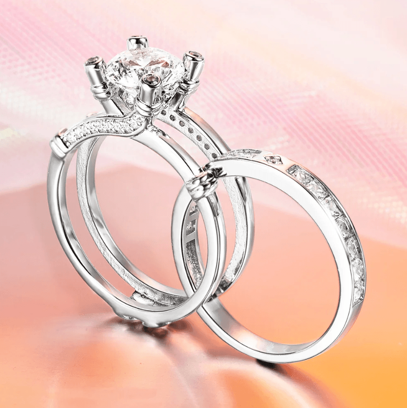 Stackable triple-band diamond ring set with a custom birthstone, crafted in premium Sterling Silver 925, featuring elegant silver bands.