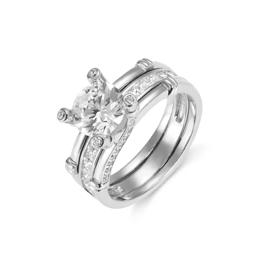 Stackable triple-band diamond ring set with a custom clear birthstone, crafted in premium Sterling Silver 925, featuring elegant silver bands.