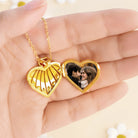 Gold family heart locket with personalized names birthstones and photo