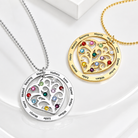 Silver and gold heart family tree necklaces with custom birthstones