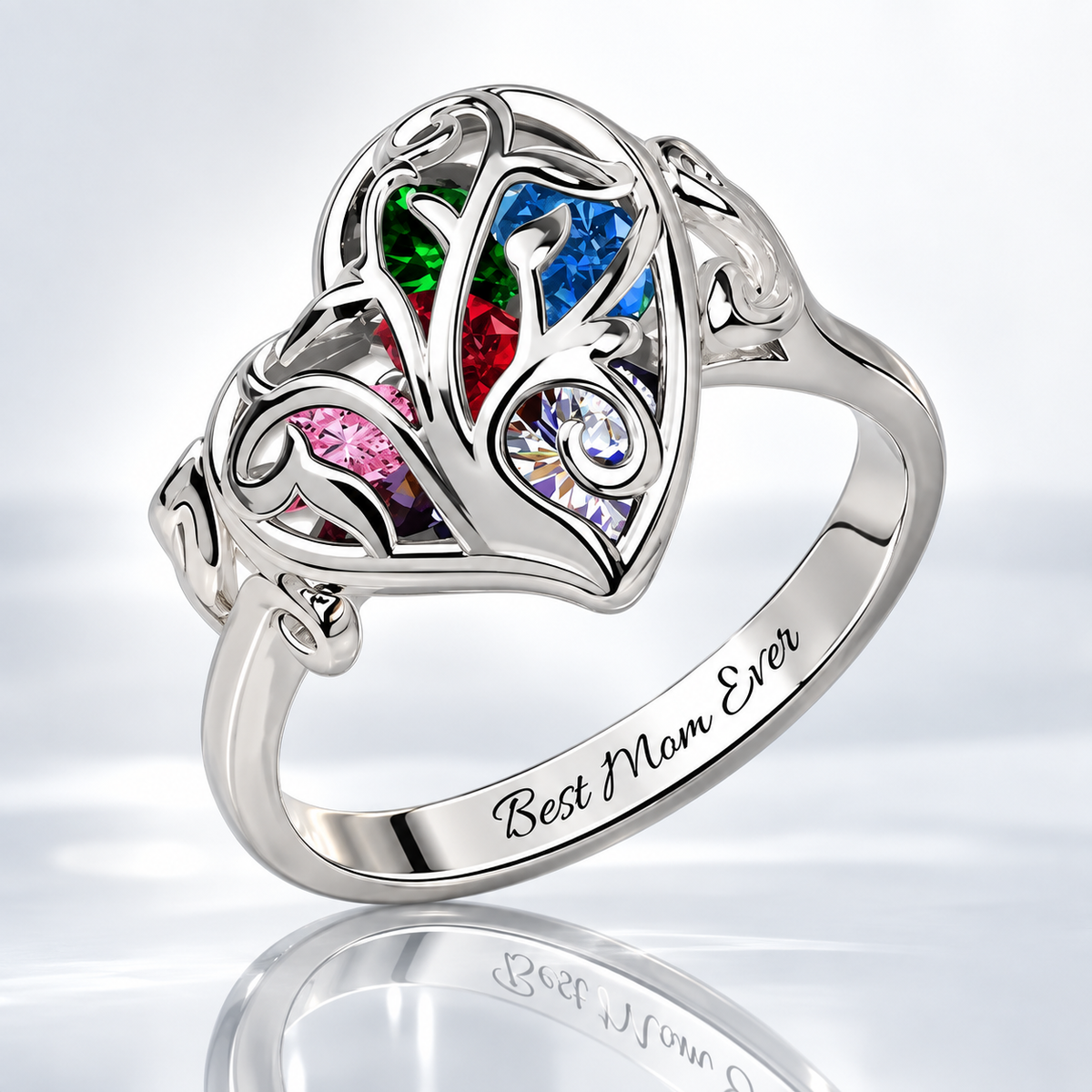 Silver family tree heart cage ring showing front and side detail