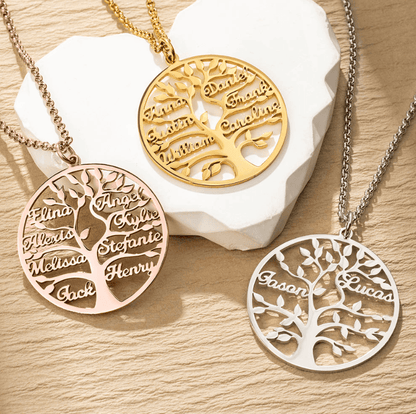 Three circular pendants with family tree designs, displaying names like Anna, William, Elina, and Jason, in gold, rose gold, and silver on chains.