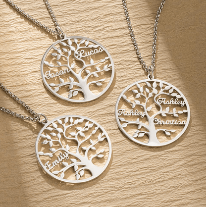 Three silver family tree pendant necklaces, each displaying names like Jason, Lucas, Emily, Ashley, and Christian, intricately designed with detailed branches and leaves.