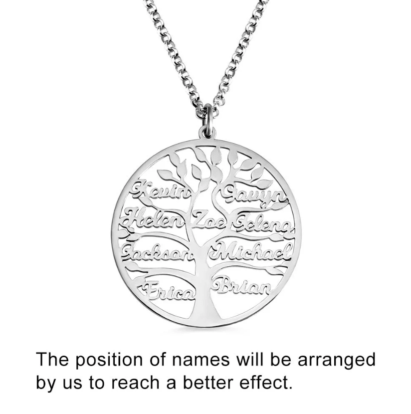 A silver family tree pendant necklace displaying names like Kevin, Helen, Jackson, Erica, Shawn, Zoe, Selene, Michael, and Brian, with the text "The position of names will be arranged by us to reach a better effect."