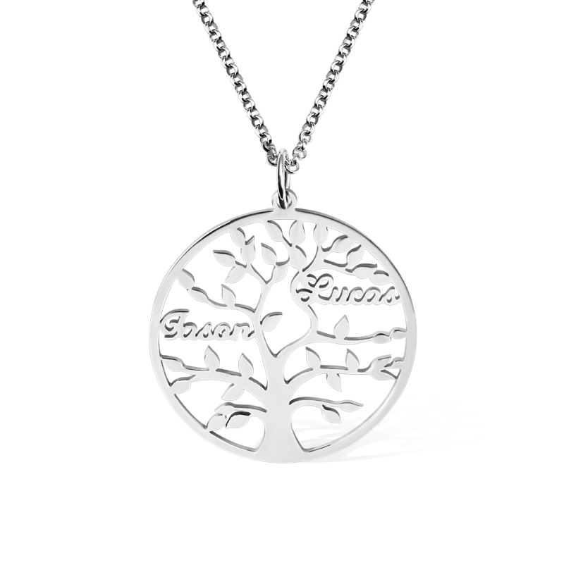 A silver family tree pendant necklace displaying the names Jason and Lucas, elegantly crafted with intricate branches and leaves on a delicate chain.