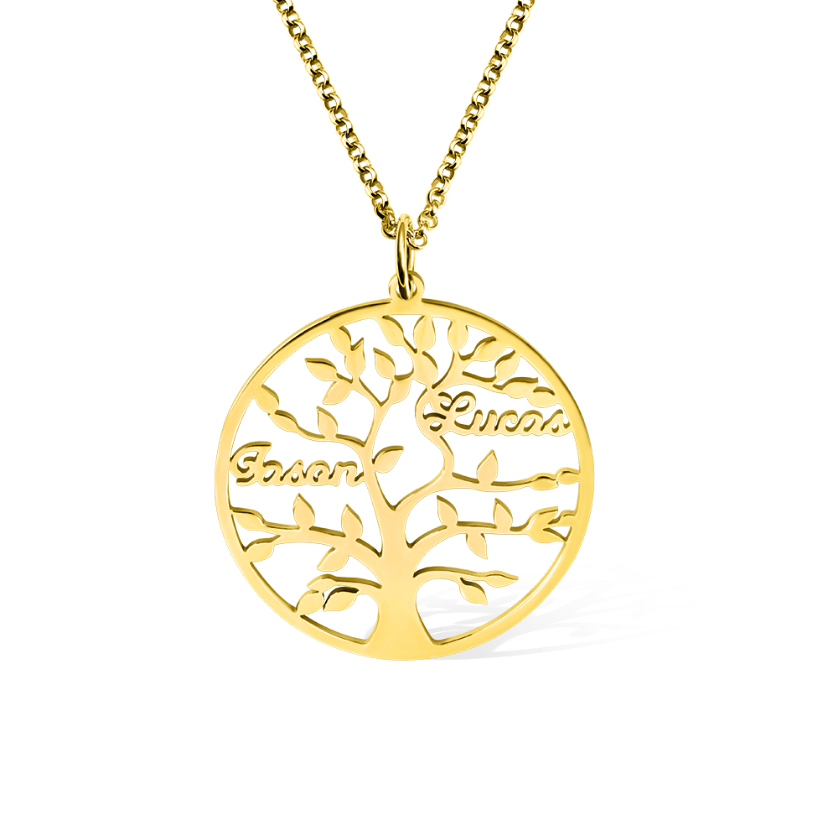 A gold family tree pendant necklace displaying the names Jason and Lucas, intricately designed with detailed branches and leaves, hanging on a delicate chain.