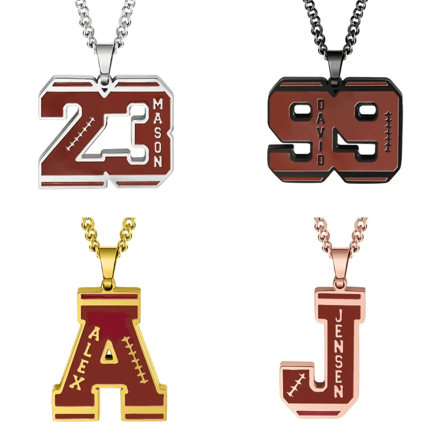 Football Necklace | American Football Ball Team Necklace | Custom Engraved Initial & Number Football Necklace | Kids, Athlete, Fan Gifts - Belbren