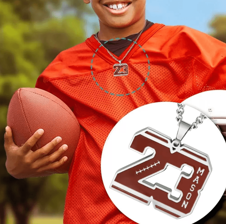 Football Necklace | American Football Ball Team Necklace | Custom Engraved Initial & Number Football Necklace | Kids, Athlete, Fan Gifts - Belbren