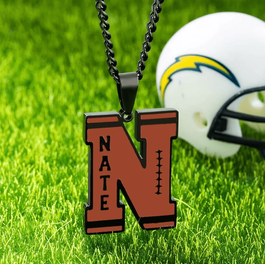 Football Necklace | American Football Ball Team Necklace | Custom Engraved Initial & Number Football Necklace | Kids, Athlete, Fan Gifts - Belbren