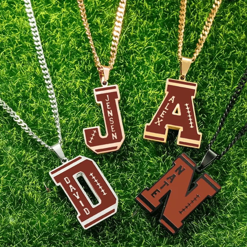 Football Necklace | American Football Ball Team Necklace | Custom Engraved Initial & Number Football Necklace | Kids, Athlete, Fan Gifts - Belbren