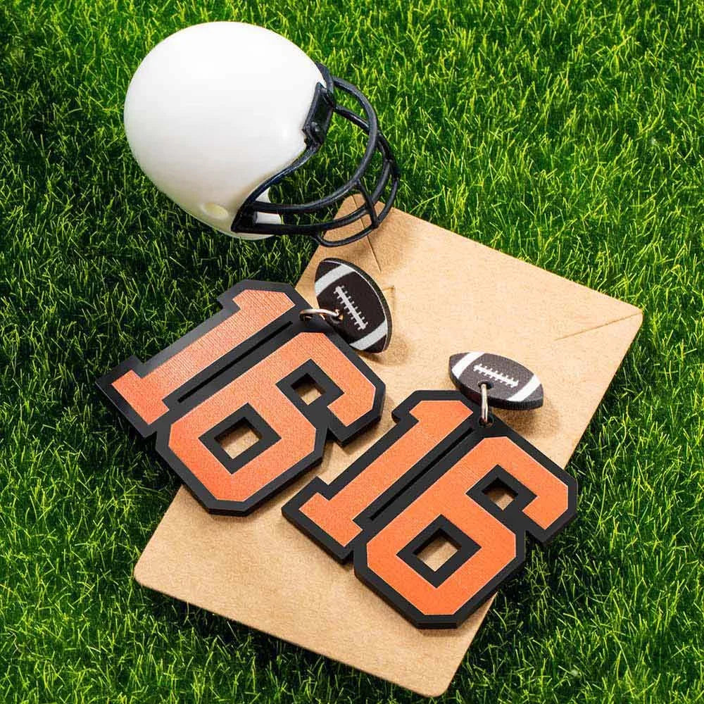 Custom football number 16 earrings in orange and black