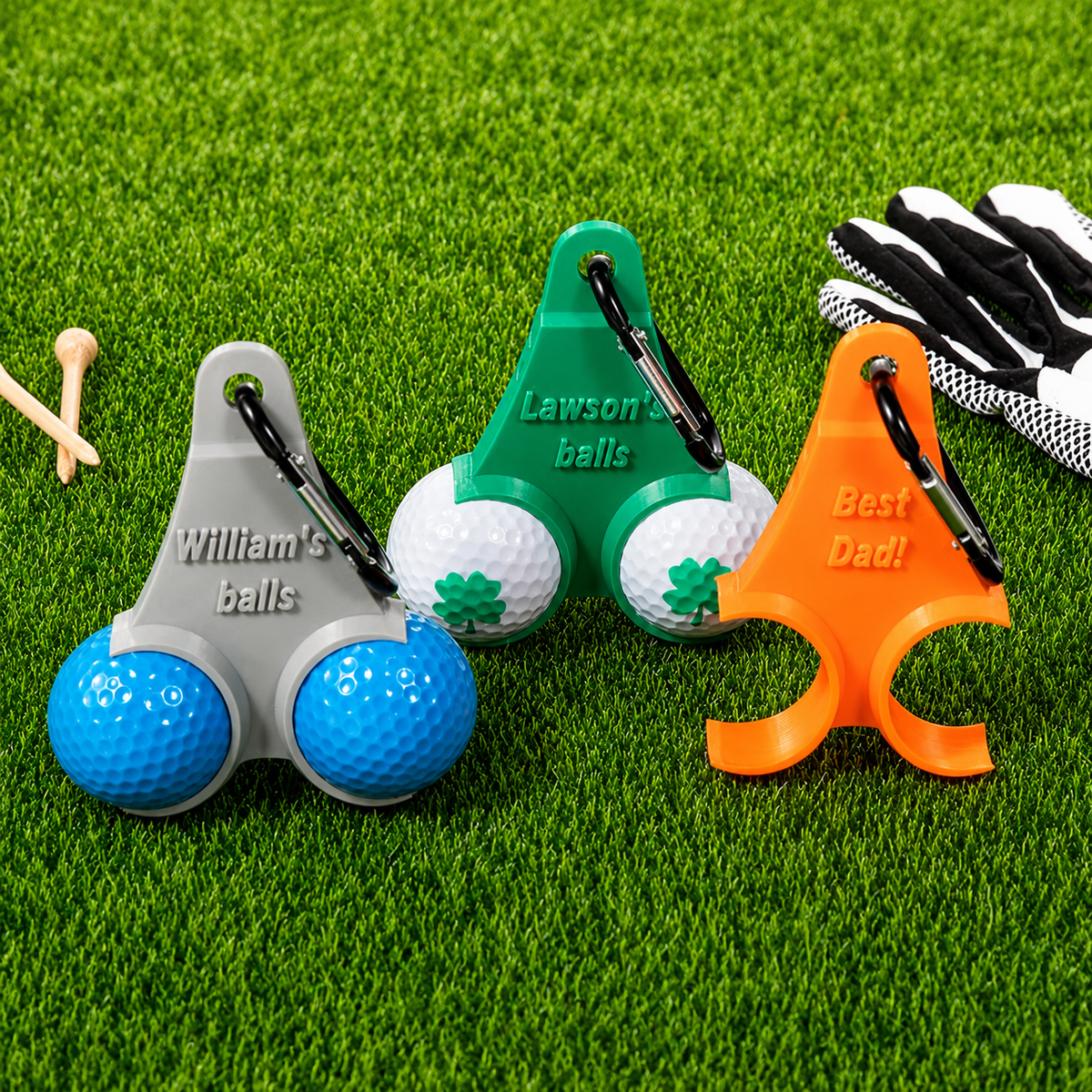 Personalized 3D printed golf ball holders in grey teal and orange with tees