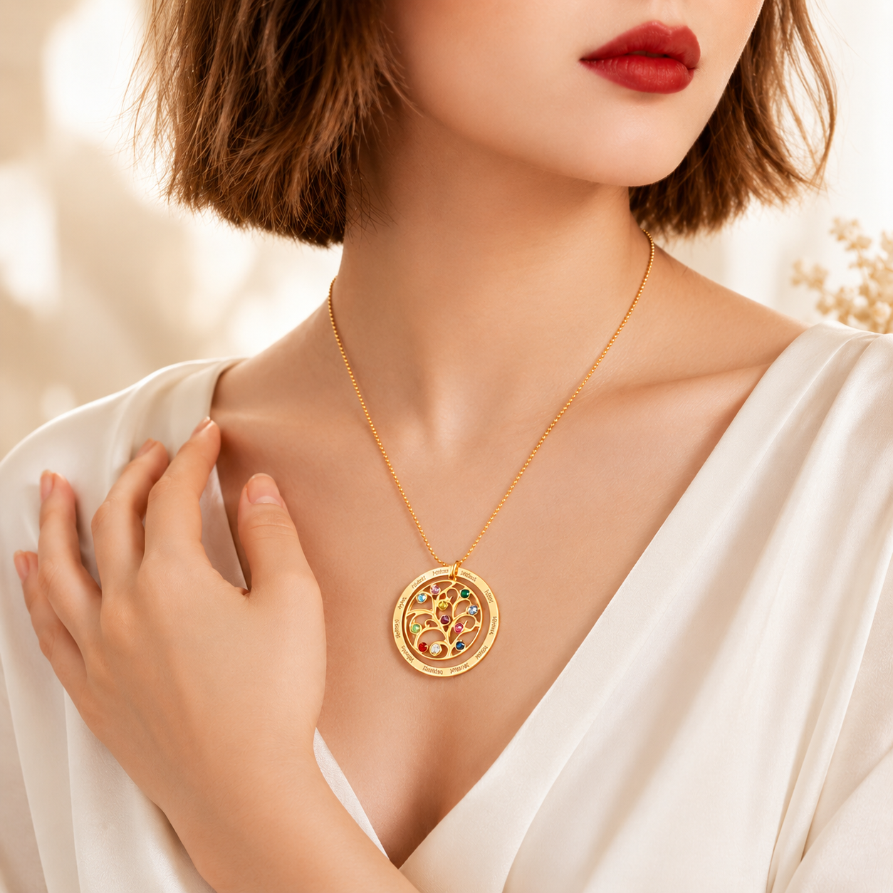 Woman wearing a gold personalized family tree necklace with birthstones