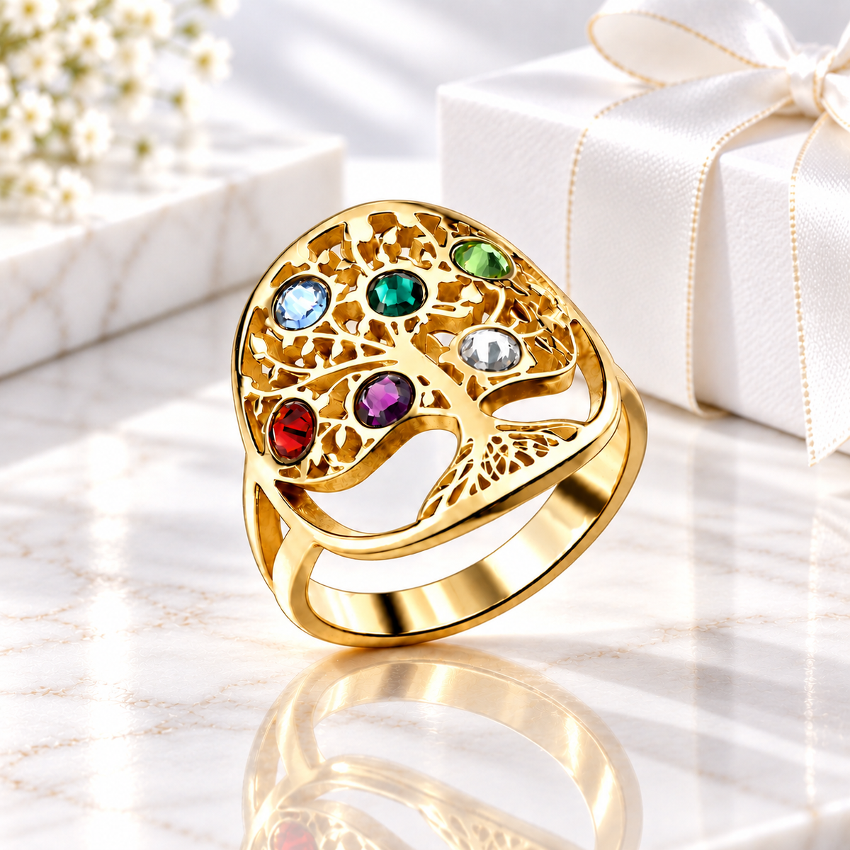 Gold family tree birthstone ring with six personalized birthstones
