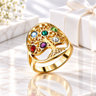 Gold family tree birthstone ring with six personalized birthstones