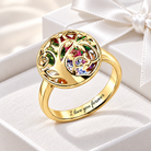 Gold personalized round family tree birthstone ring with engraved band