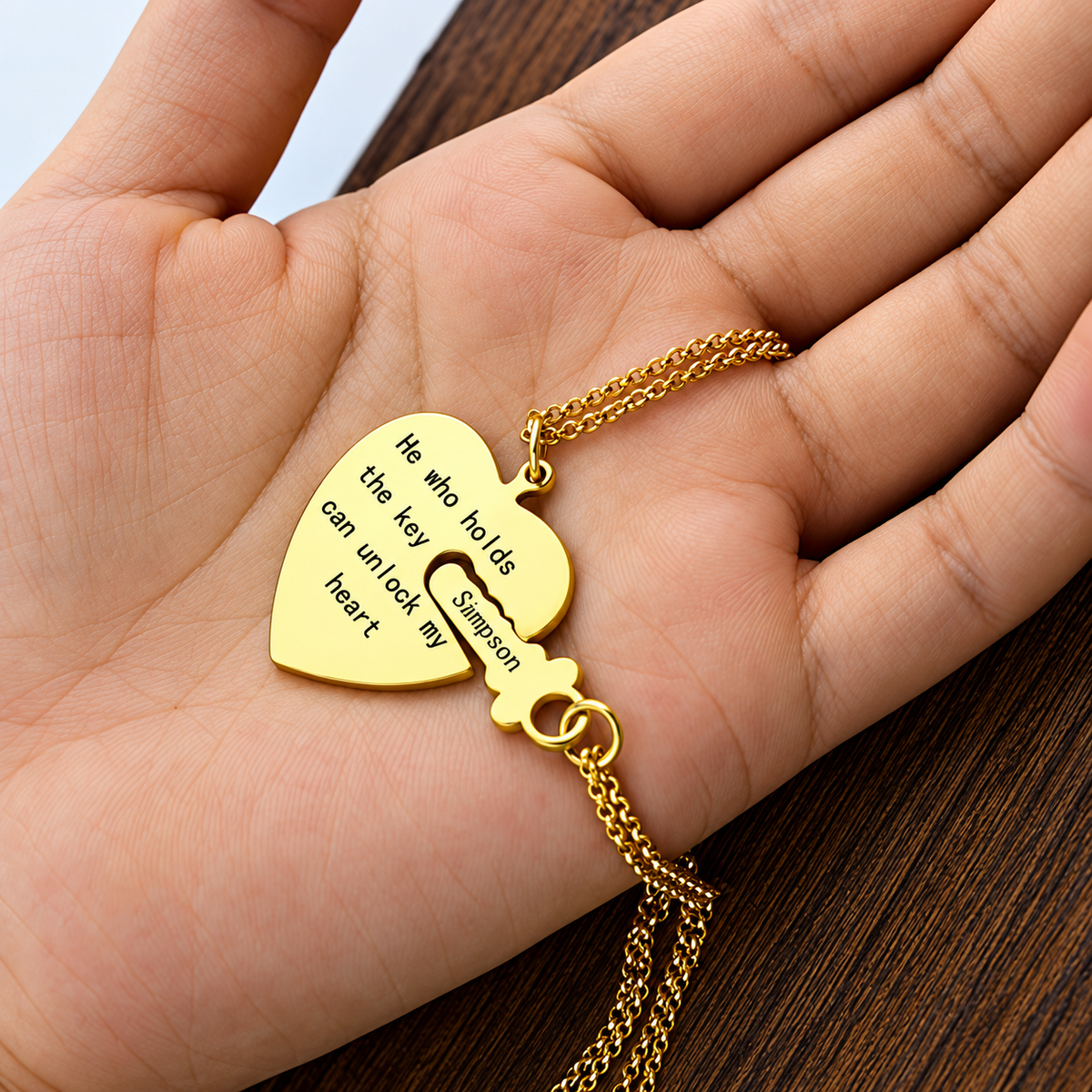 Personalized gold key to my heart necklace with name