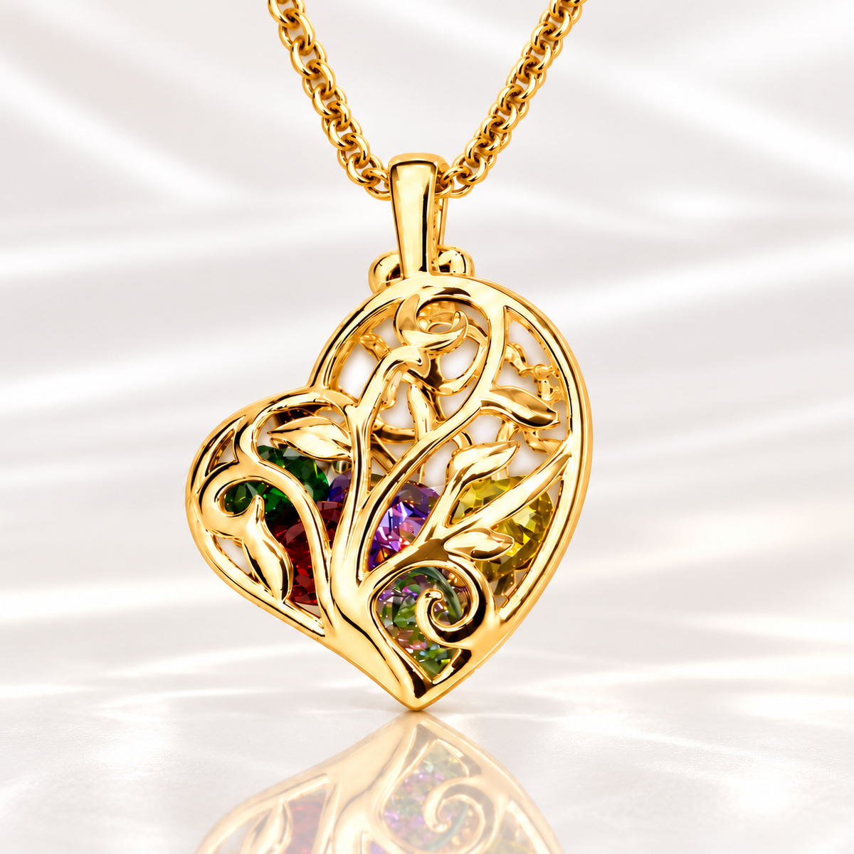 Gold heart cage family tree necklace with colorful birthstones