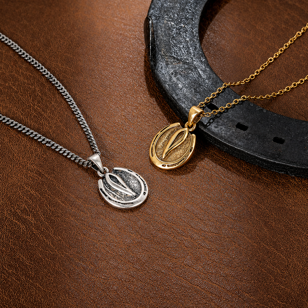 Gold and silver horse hoof necklaces displayed with western horseshoe
