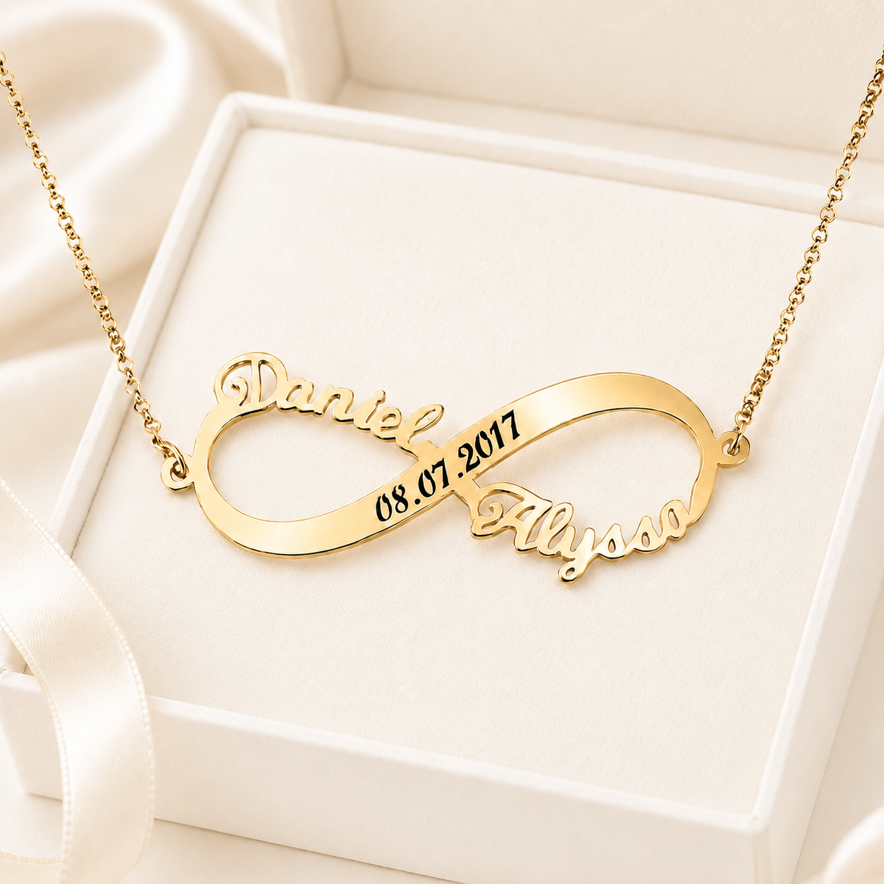 Custom two names infinity necklace with date in gold