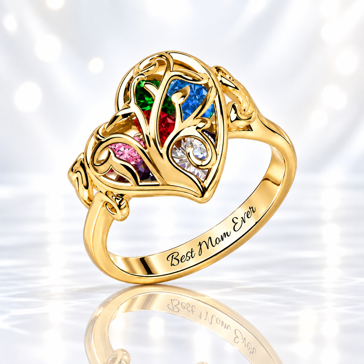 Gold personalized family tree birthstone ring with heart-shaped stones