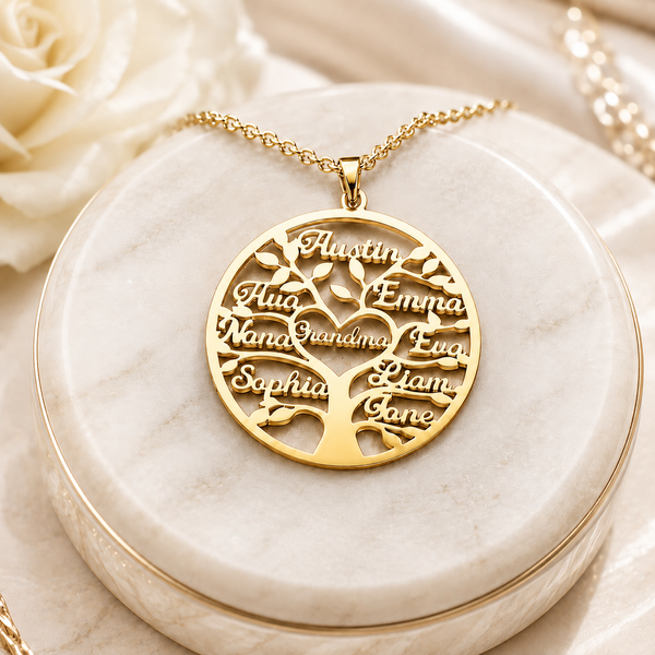 Gold personalized family tree necklace with 1–9 names for Mum or Grandma