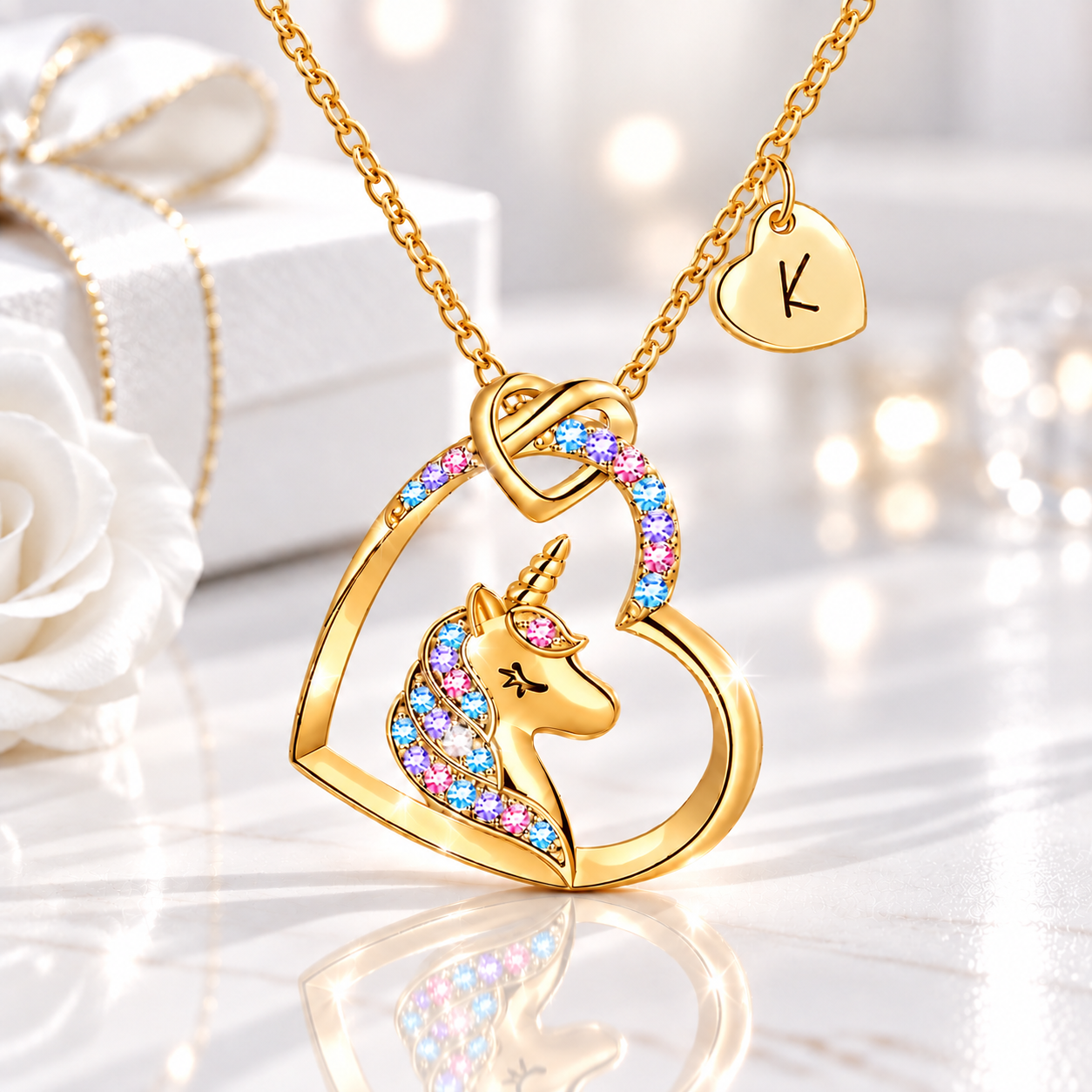 Gold unicorn heart necklace with colorful crystal accents and a personalized K heart charm displayed on a glossy white background.