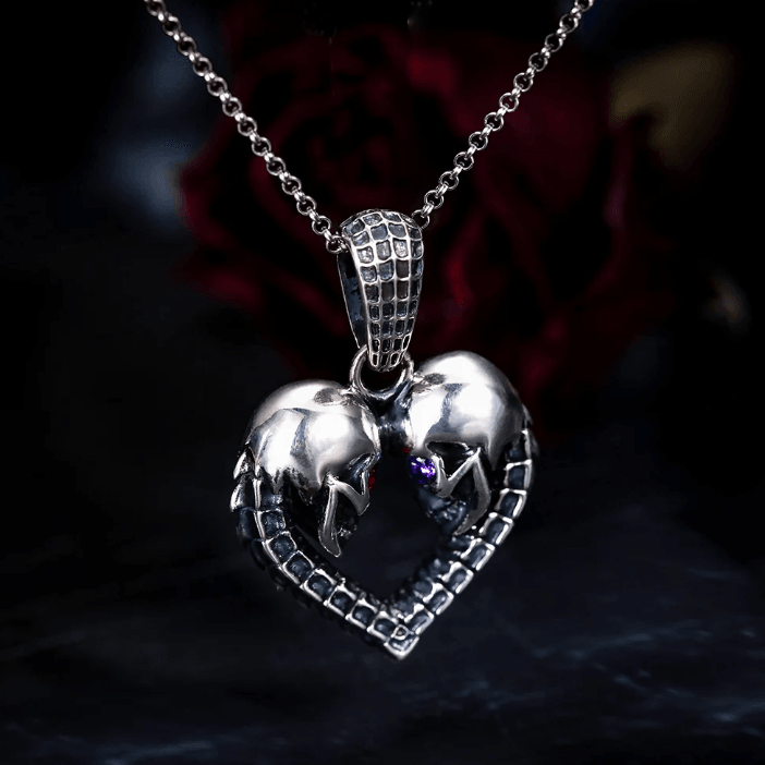 Gothic Eternal Bond Silver Necklace – Custom Skull Heart Pendant with Birthstone Eyes - Belbren