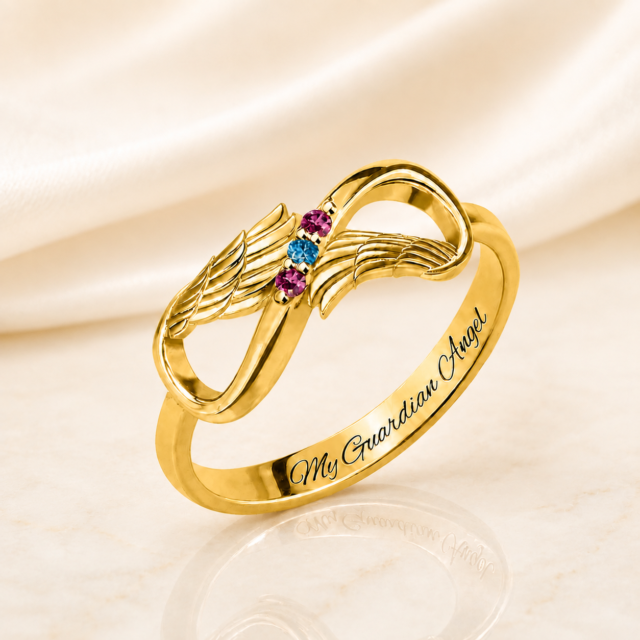 Gold angel wings infinity ring with personalized birthstones