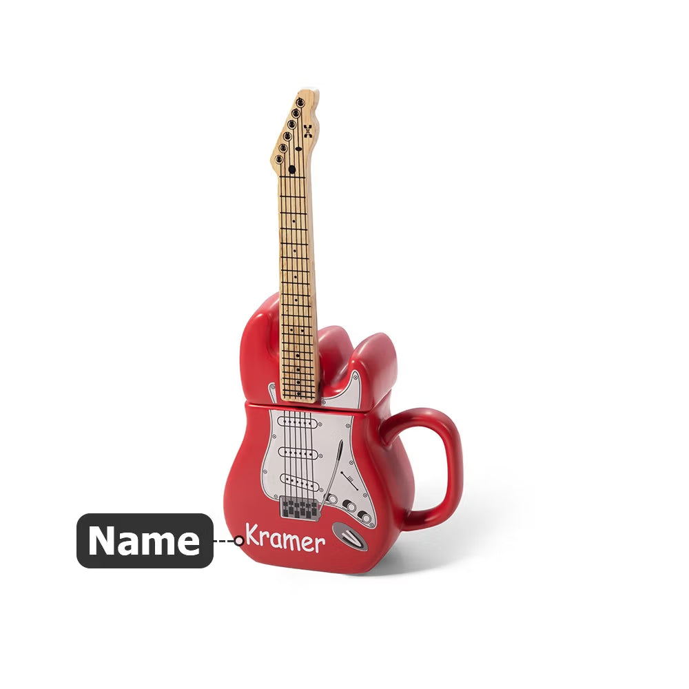 Red personalised guitar-shaped ceramic coffee mug with removable guitar-shaped lid and custom name