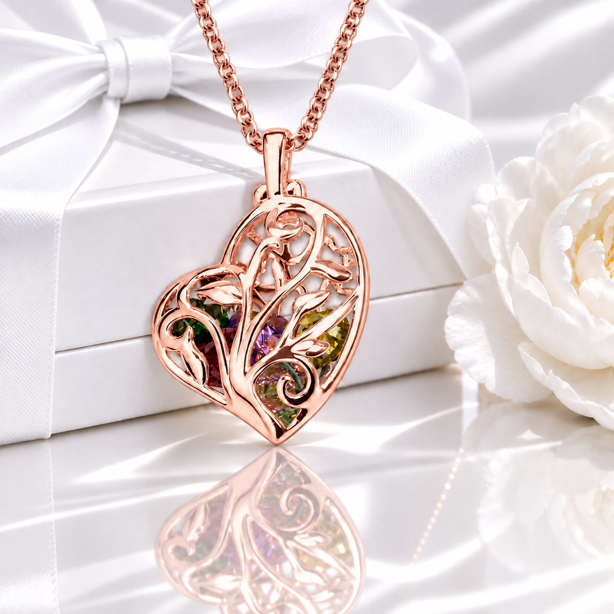 Rose gold heart cage family tree birthstone necklace