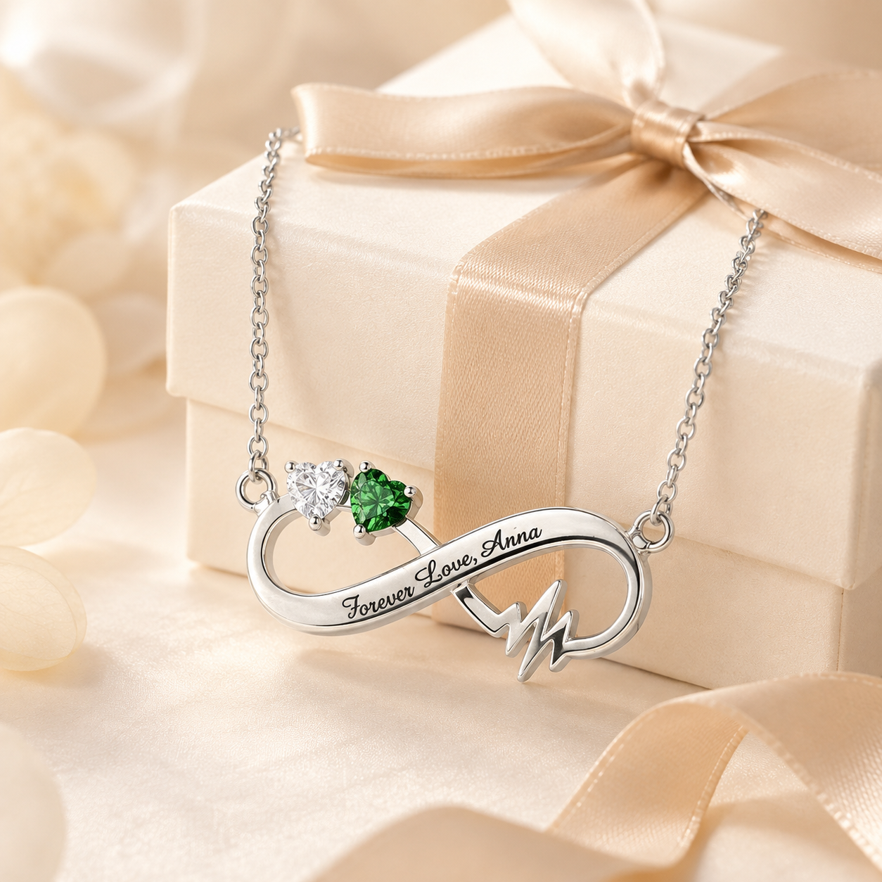 Personalized heartbeat infinity necklace displayed with a cream gift box