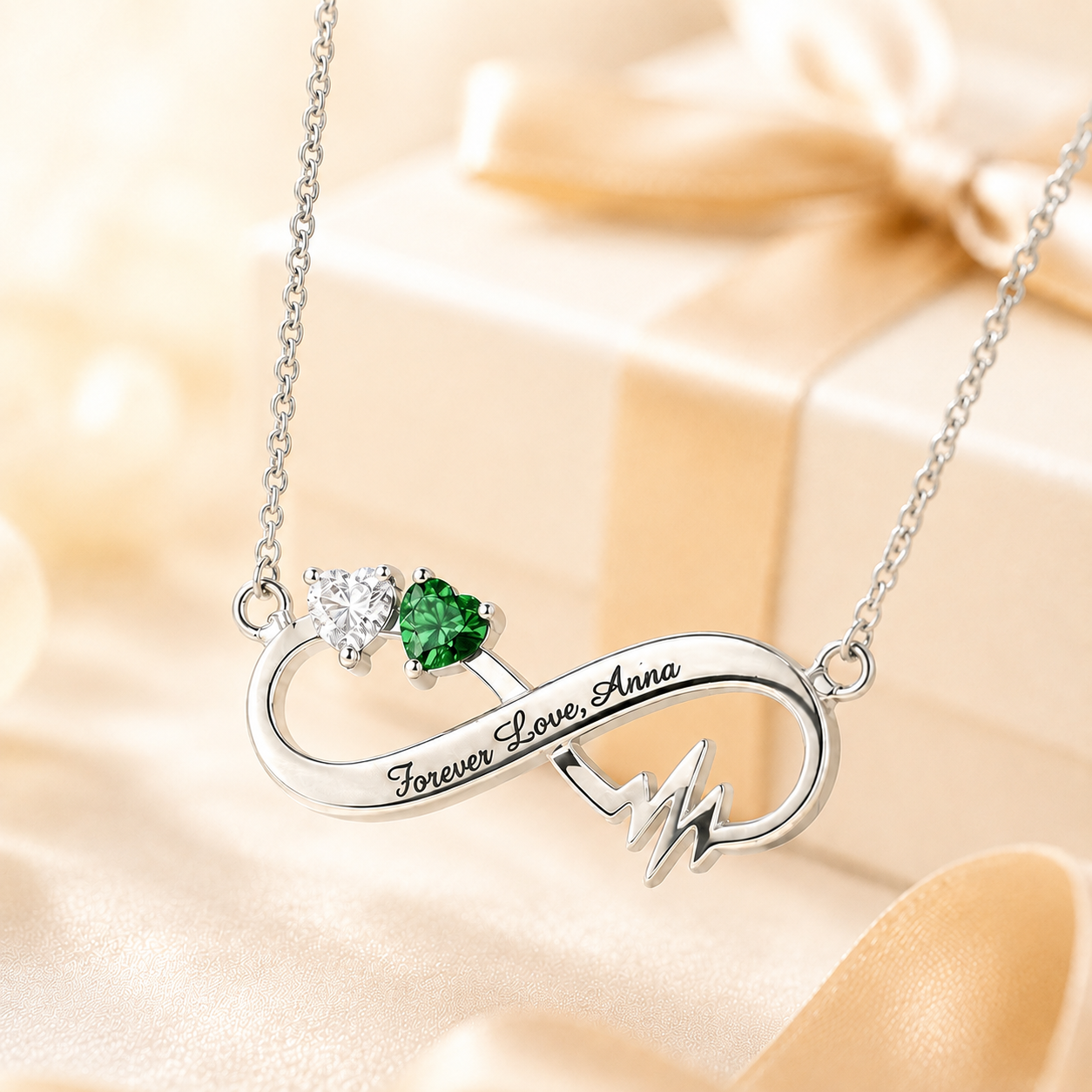 Heartbeat infinity necklace with two birthstones on an elegant gift box