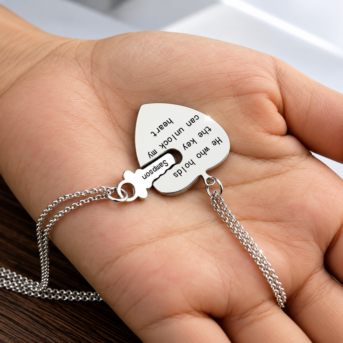 Custom engraved heart and key necklace for couples