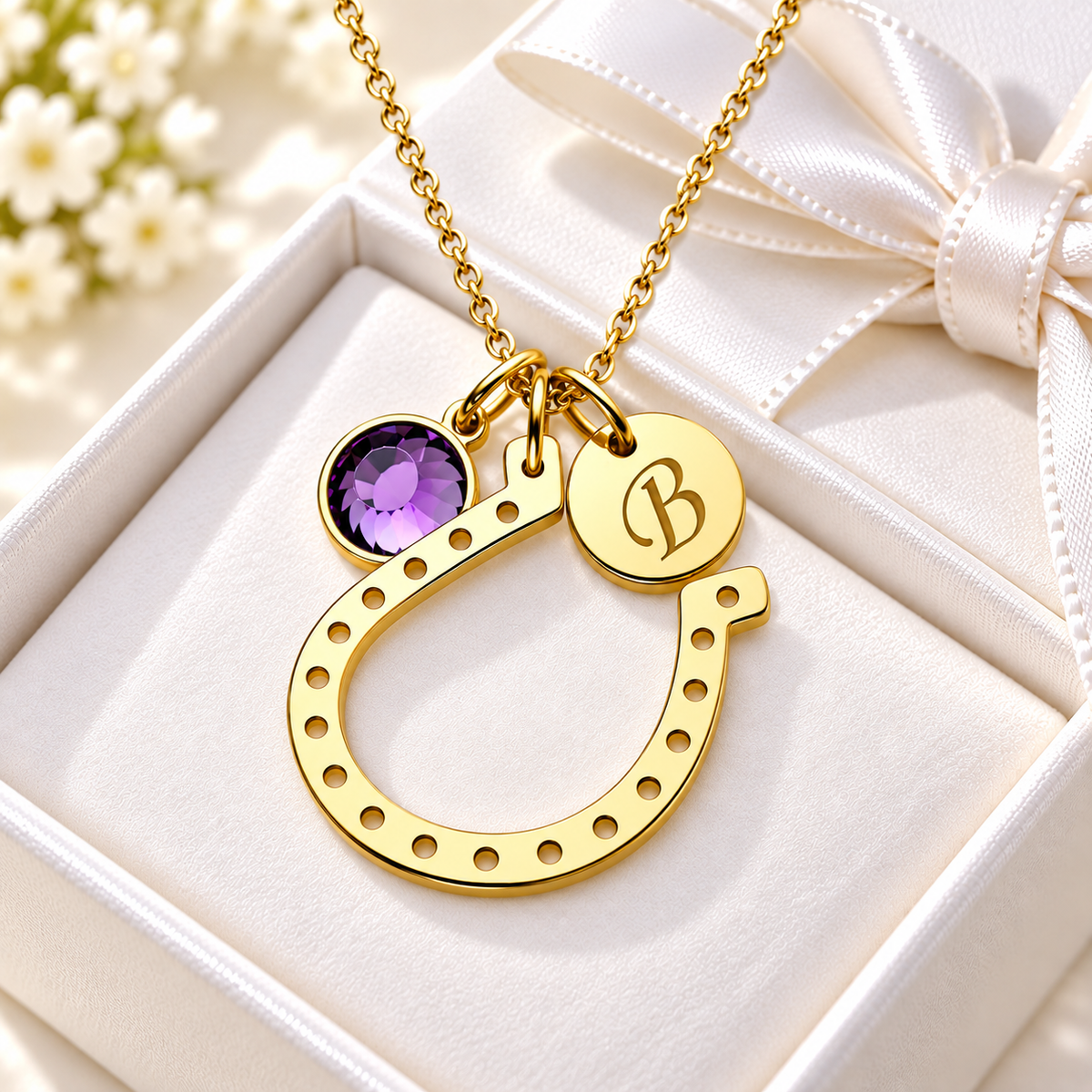Gold horseshoe necklace with personalized initial and purple birthstone