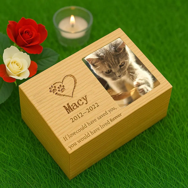 Pet Memorial Box with Photo, Wooden Dog & Cat Ashes Keepsake, Custom Engraved