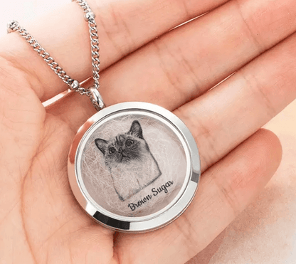Silver locket necklace with a photo of a cat named 'Brown Sugar' and a sample of fur displayed inside, held in a person's palm