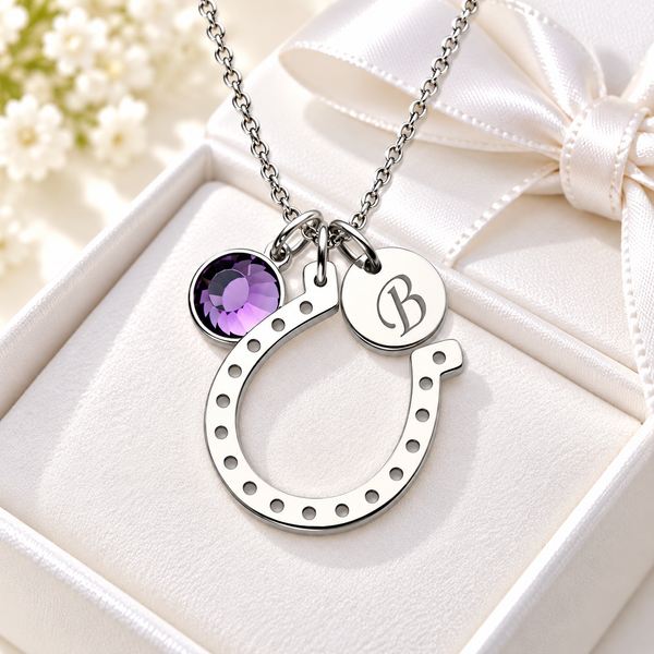 Personalized horseshoe good luck necklace with initial and birthstone charm
