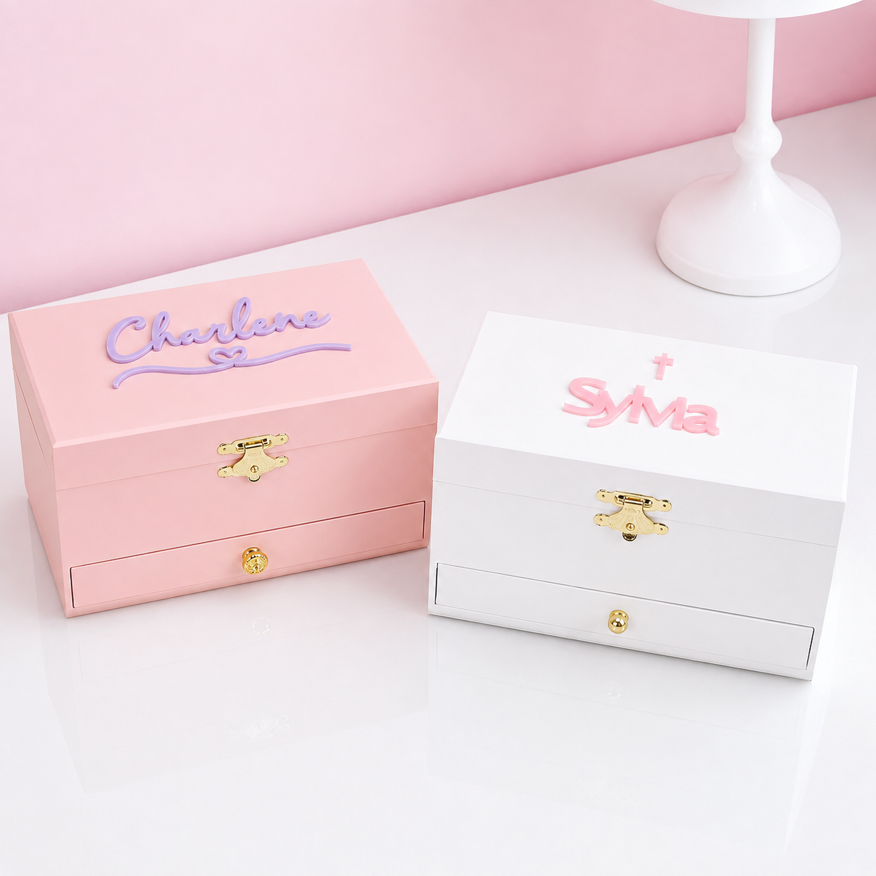 Pink and white personalized name jewelry boxes for girls with gold hardware and drawers