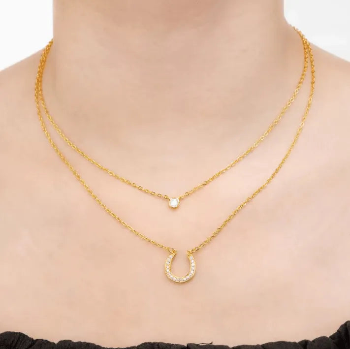Layered Horseshoe Necklace | Dainty Cubic Zirconia Pendant | Good Luck Jewelry for Women | Elegant Double Chain Design - Belbren